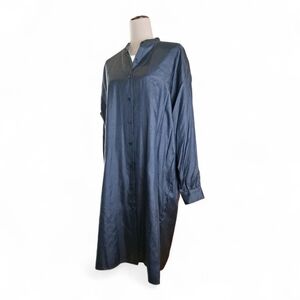 Eileen Fisher Washed Silk Mandarin Collar Shirt Dress Ocean Midi Dress